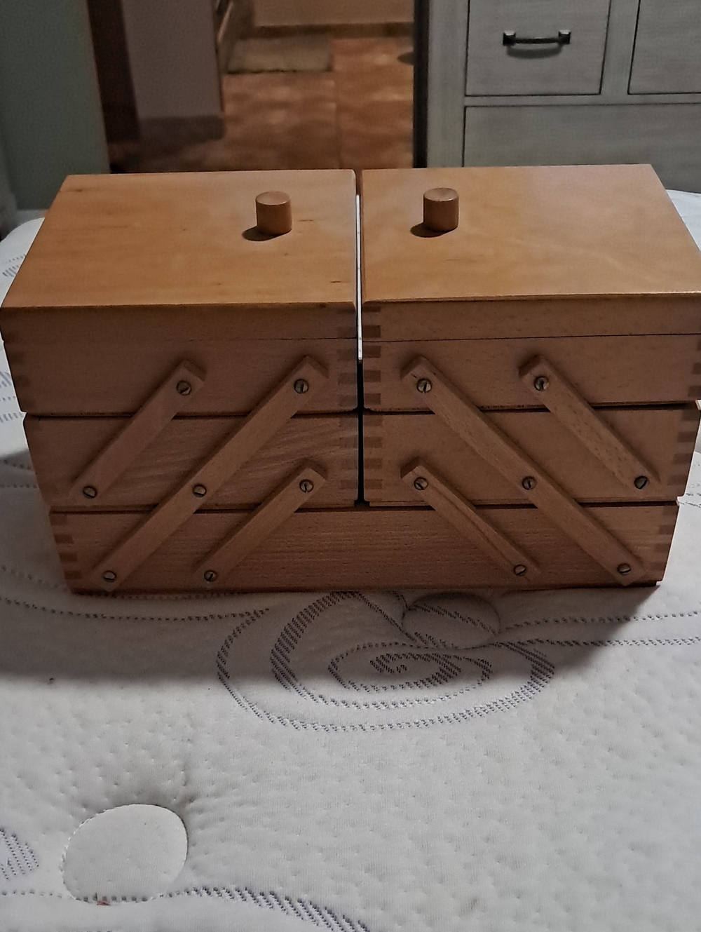 Vintage wooden cantilever jewelry organizer in light brown
